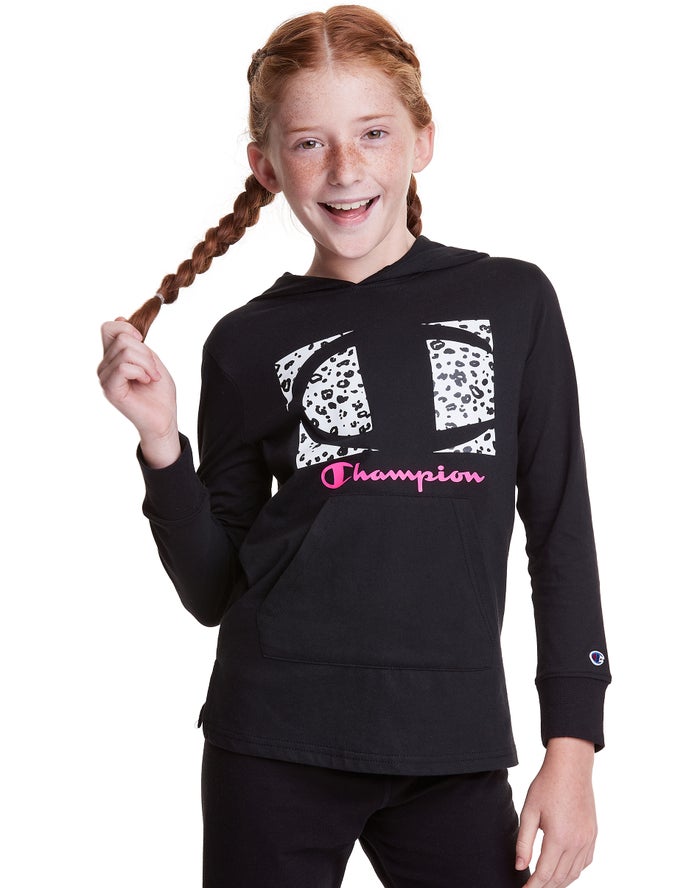 Champion Pige Hættetrøje Sort - T-Shirt Leopard Knockout Logo - Danmark BRK-346782